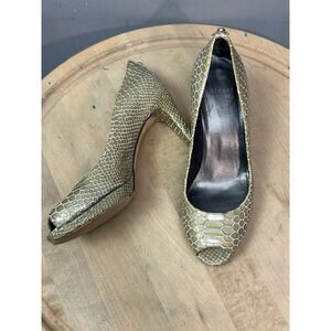 Stuart Weitzman Heels Women 6.5 Olive Snakeskin Peep Toe Pump Stiletto Platform